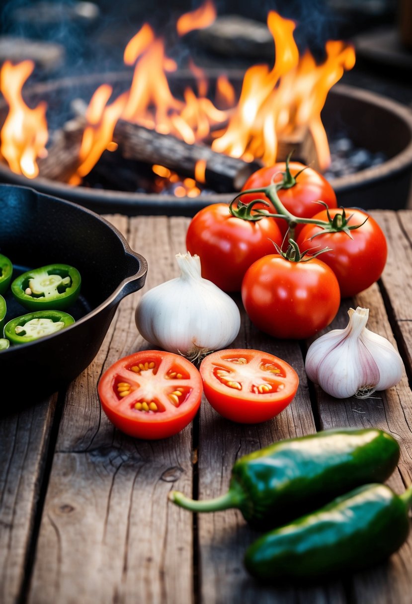 A rustic wooden table with fresh tomatoes, onions, garlic, and jalapenos, alongside a smoldering fire pit and a cast iron skillet