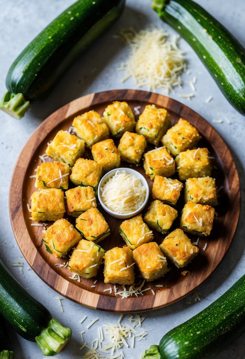 A plate of golden-brown Cheesy Zucchini Tots arranged on a rustic wooden board, surrounded by fresh zucchinis and a sprinkle of grated cheese