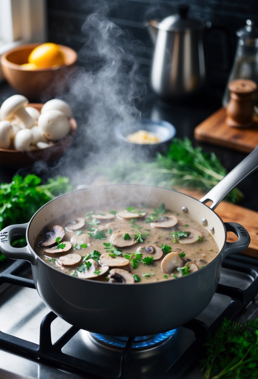 A steaming pot of mushroom stroganoff simmering on a stove, surrounded by fresh herbs and ingredients