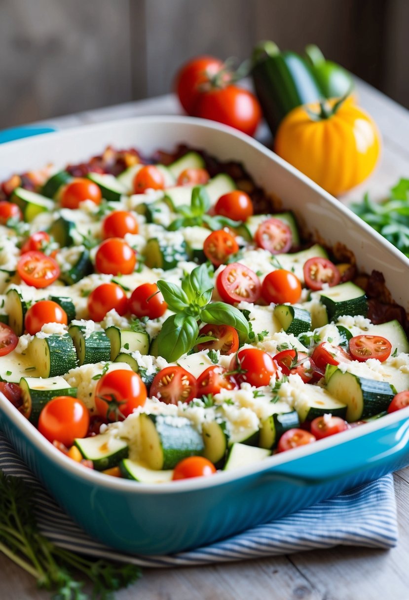 A colorful array of zucchini, tomatoes, cheese, and herbs layered in a baking dish, ready to be turned into a delicious zucchini lasagna