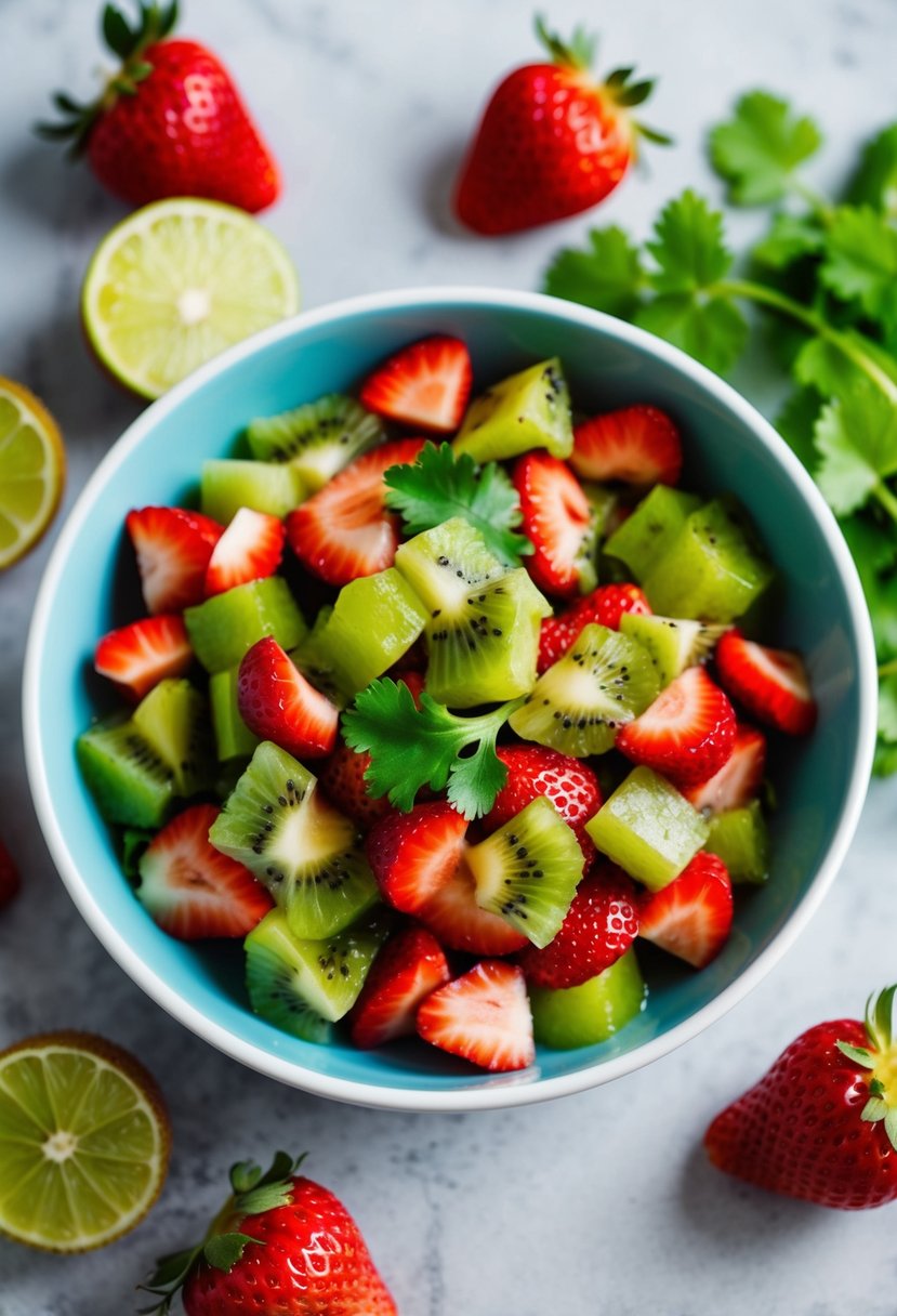 A bowl of vibrant diced strawberries and kiwi mixed with cilantro and lime juice