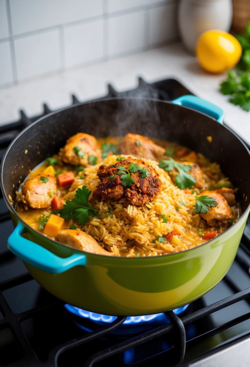 A colorful one-pot meal with chicken, rice, and Spanish spices cooking over a simmering stove