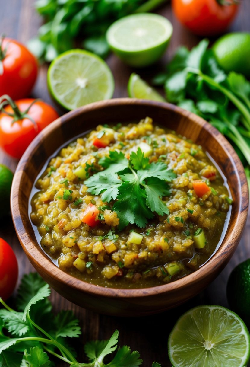 A wooden bowl filled with vibrant green Chipotle Lime Salsa surrounded by fresh ingredients like tomatoes, cilantro, and limes