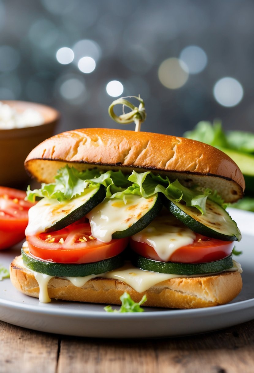 A sizzling zucchini sandwich topped with melted cheese, fresh lettuce, and juicy tomato slices, served on a toasted bun