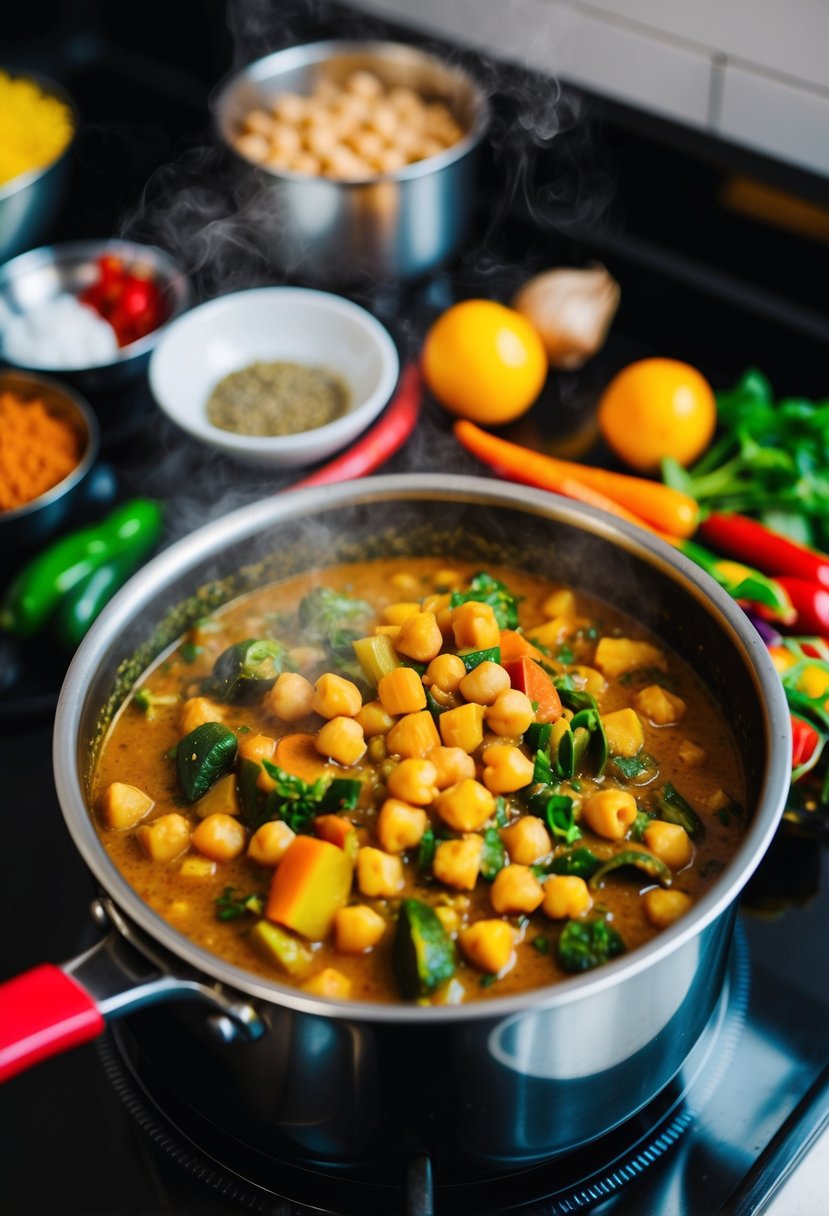 A steaming pot of vegetable curry with chickpeas simmering on a stove, surrounded by colorful ingredients and spices