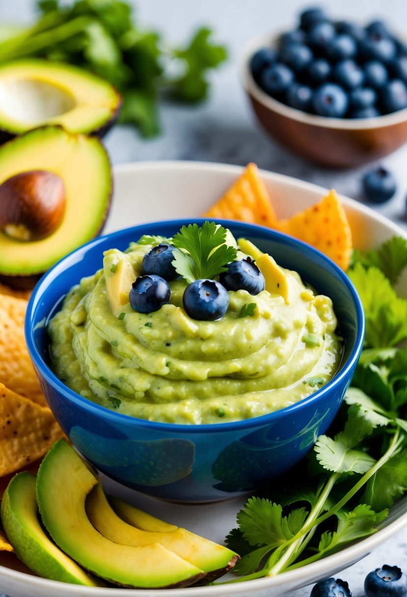 A bowl of vibrant blueberry avocado salsa surrounded by fresh ingredients and a hint of cilantro