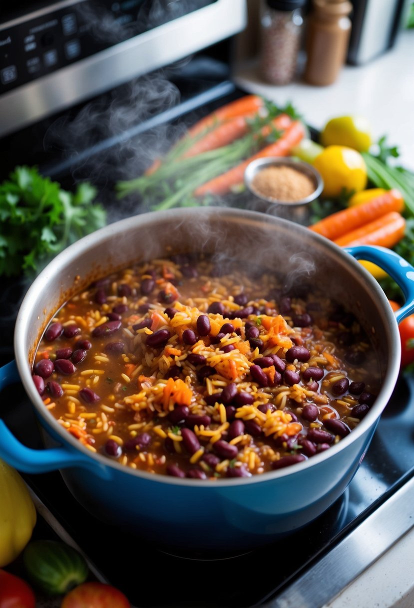 A steaming pot of red beans and rice simmering on a stovetop, surrounded by colorful vegetables and seasonings