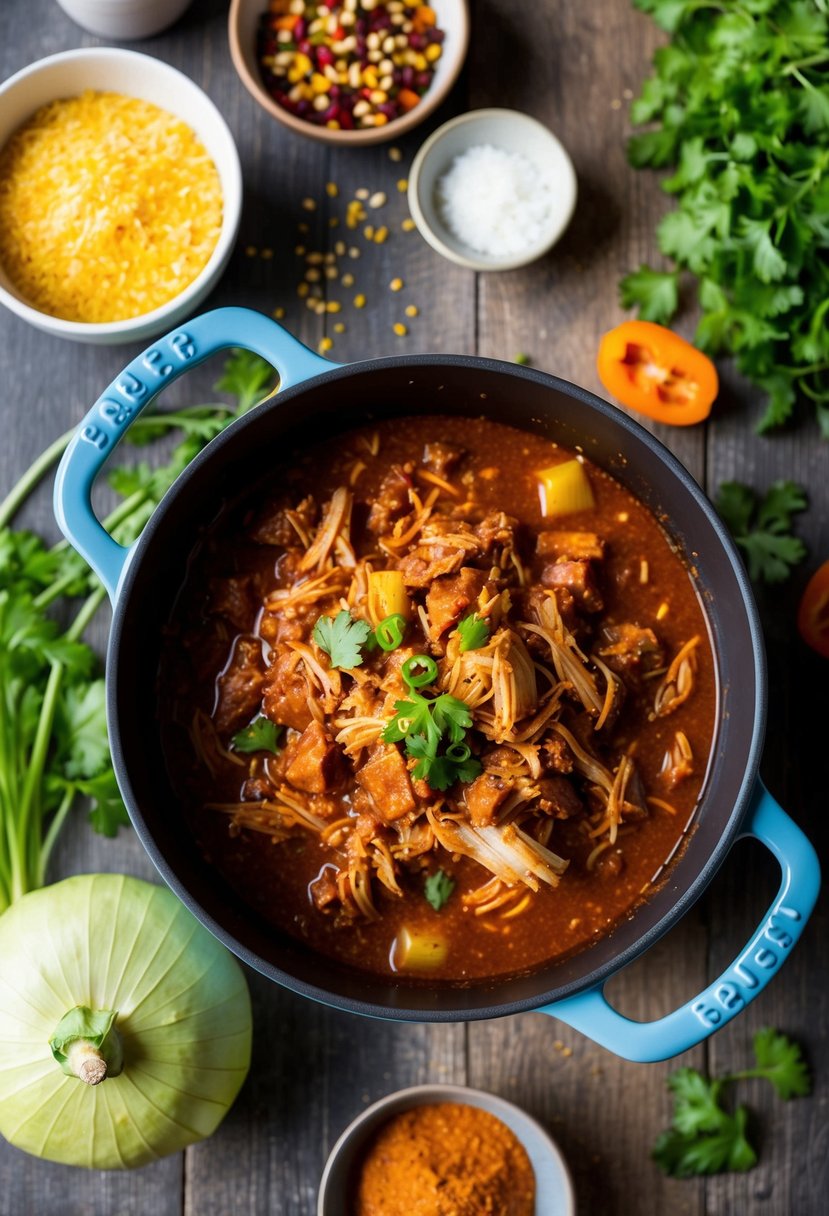 A simmering pot of barbecue pulled pork chili, surrounded by colorful ingredients and spices, ready to be served as an easy, hearty meal