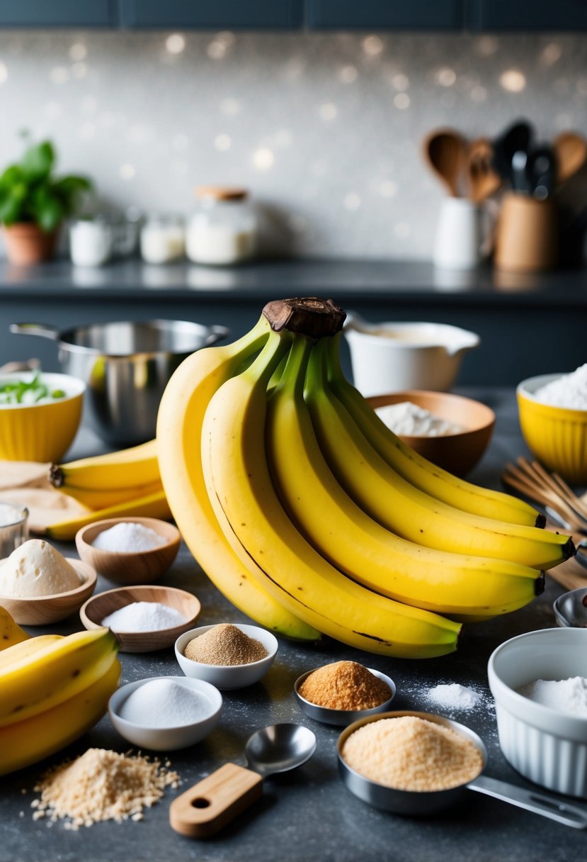 A bunch of ripe bananas surrounded by a variety of baking ingredients and utensils on a kitchen counter