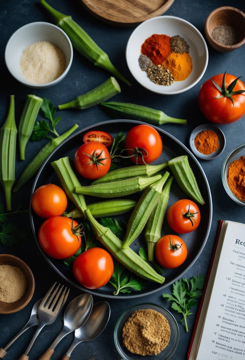 A table with fresh okra, tomatoes, and spices, surrounded by cooking utensils and a recipe book