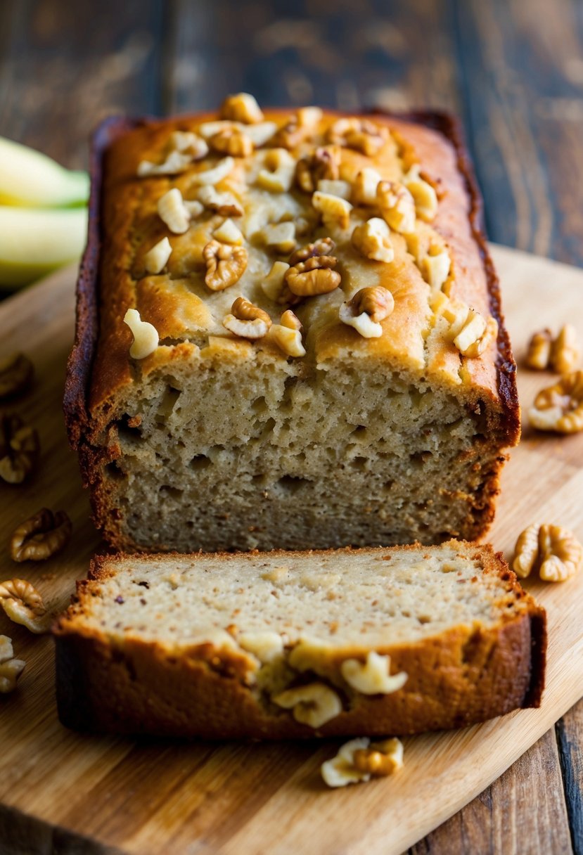 A loaf of banana bread sits on a wooden cutting board, topped with chopped walnuts. The warm, golden-brown crust contrasts with the soft, moist interior