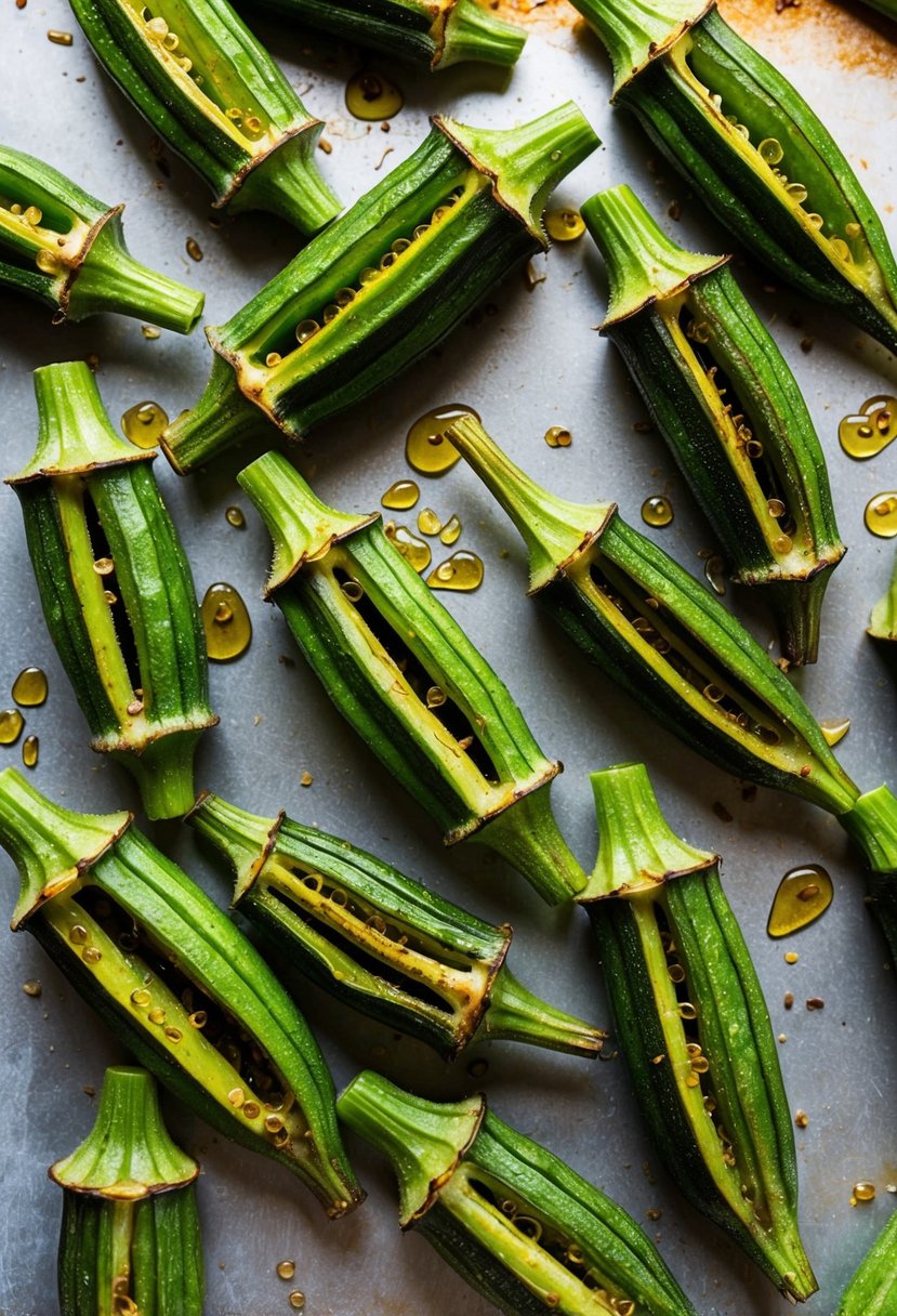 Fresh okra pods coated in olive oil, arranged on a baking sheet, and roasting in the oven