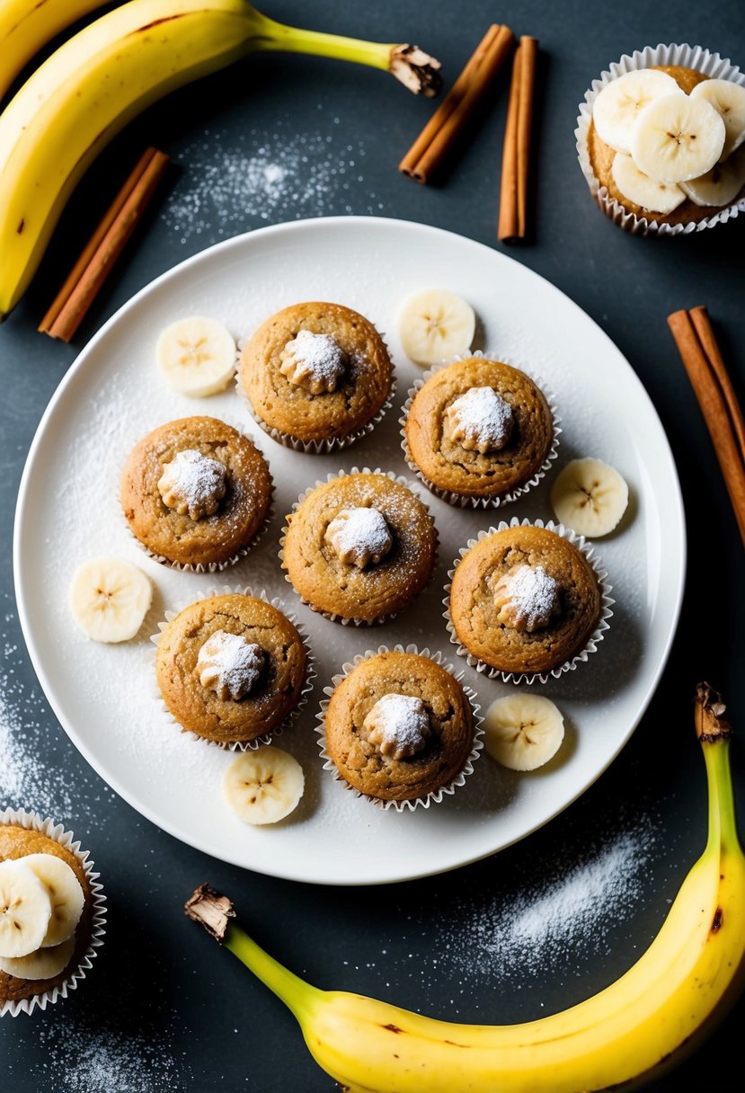 A table with a plate of vegan banana muffins surrounded by fresh bananas, cinnamon sticks, and a sprinkle of powdered sugar