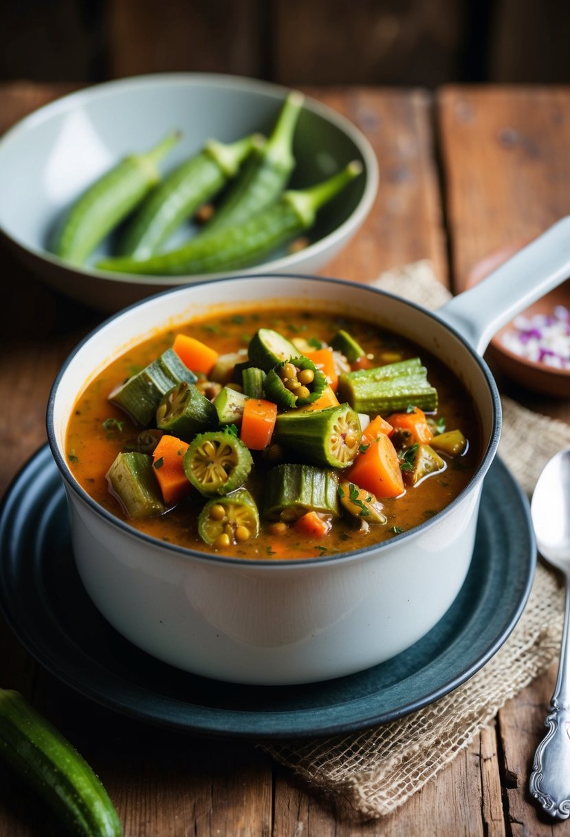 A simmering pot of Mediterranean Bamya Stew, filled with vibrant okra and other fresh ingredients, sits on a rustic wooden table