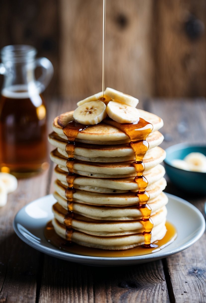 A stack of golden banana pancakes topped with fresh banana slices and drizzled with maple syrup on a rustic wooden table