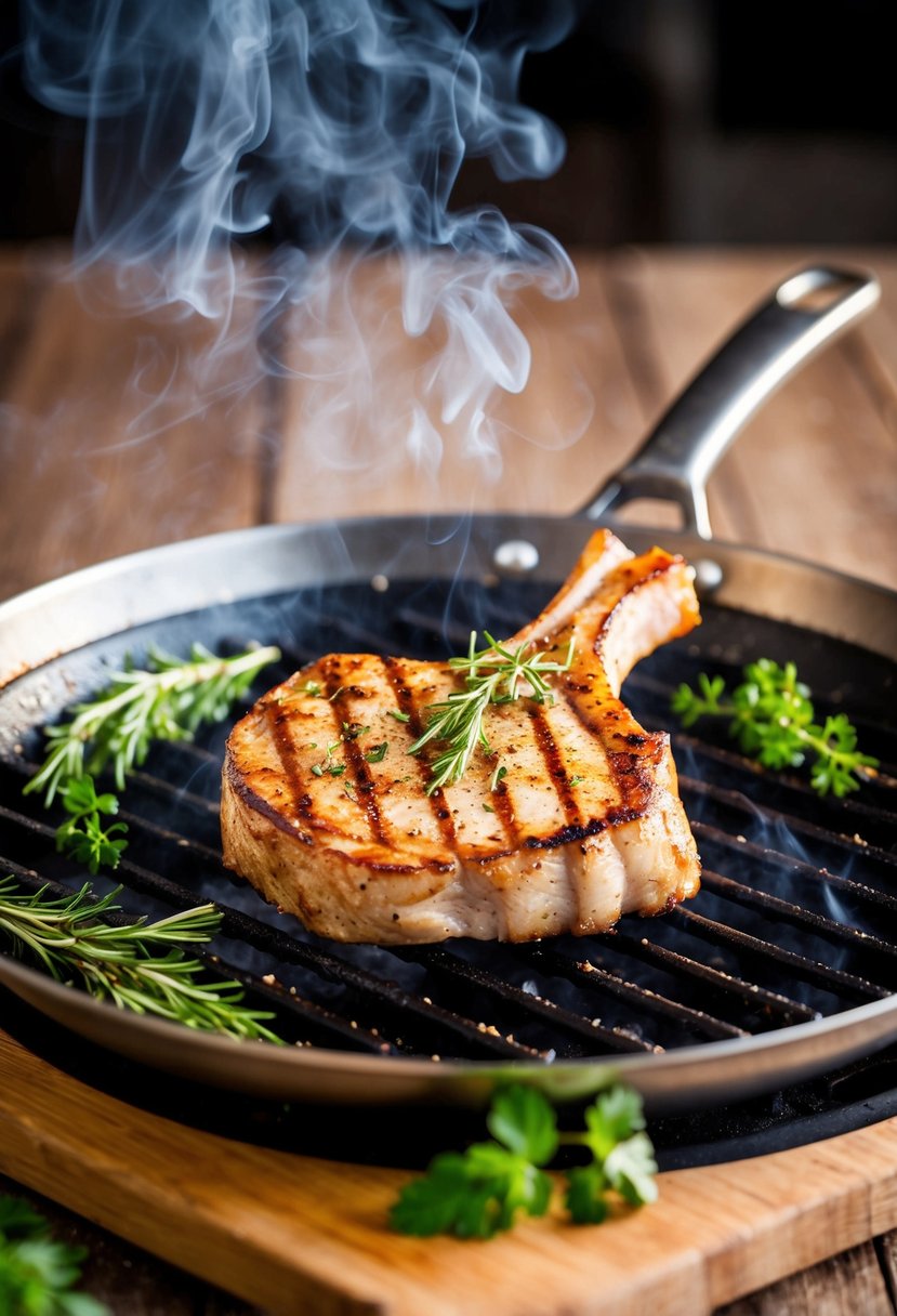 A sizzling pork chop on a hot grill, surrounded by fresh herbs and seasonings, with a hint of smoke rising in the background