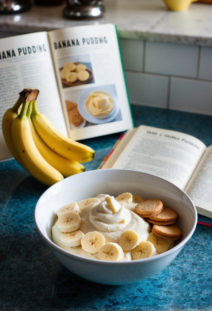 A vintage kitchen counter with a mixing bowl of sliced bananas, vanilla wafers, and creamy pudding. A recipe book open to a page titled "Classic Banana Pudding."