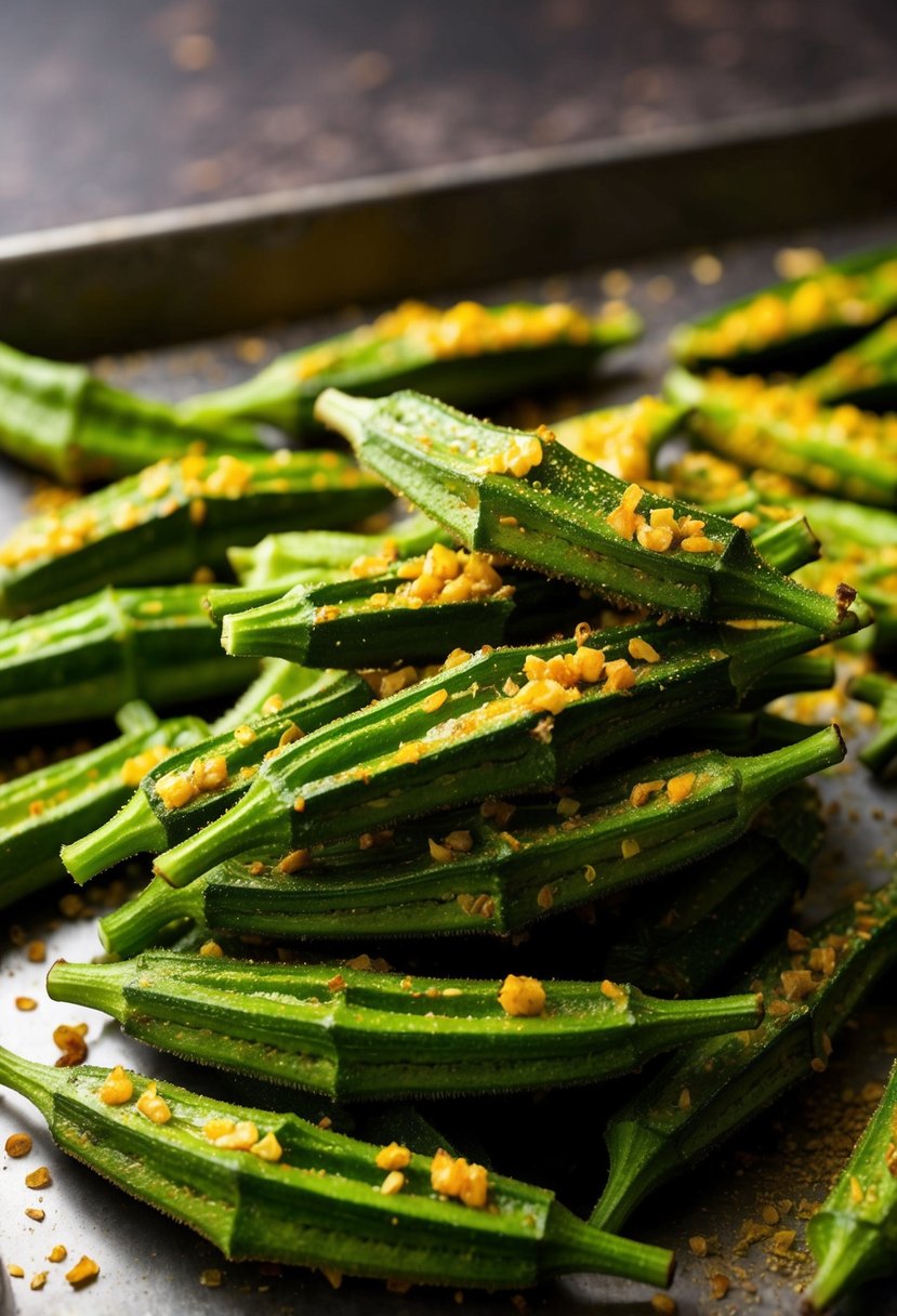 A pile of whole okra pods coated in a spicy garlic seasoning, arranged on a baking sheet