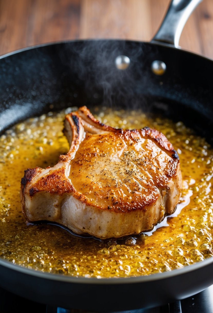 A sizzling pork chop sizzling in a hot skillet, with a golden crust forming on the surface