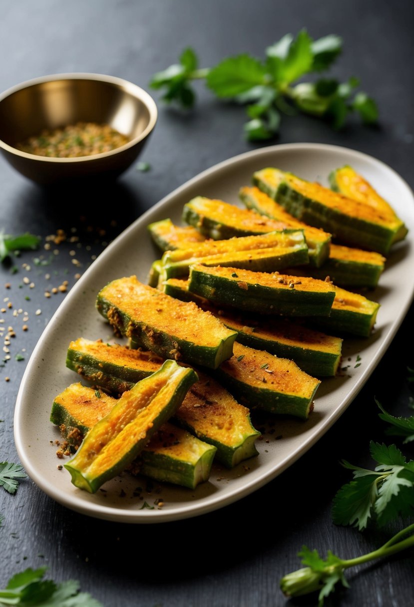 A platter of golden, crispy okra slices with a sprinkling of spices and herbs