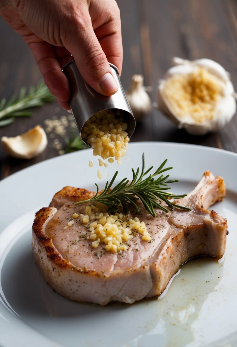 A pork chop being seasoned with garlic and rosemary before cooking