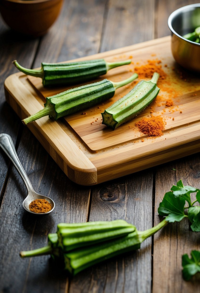 A rustic kitchen scene with a wooden cutting board, fresh okra, and a sprinkle of paprika