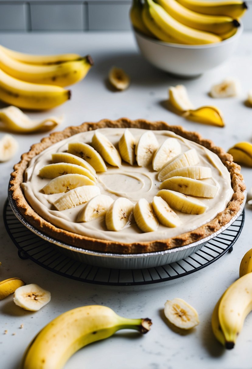 A freshly baked banana cream pie cooling on a kitchen counter, surrounded by scattered banana peels and a bowl of ripe bananas