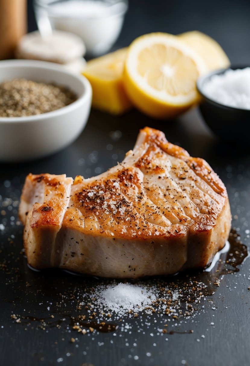 A thick pork chop sprinkled with salt and pepper, ready for cooking