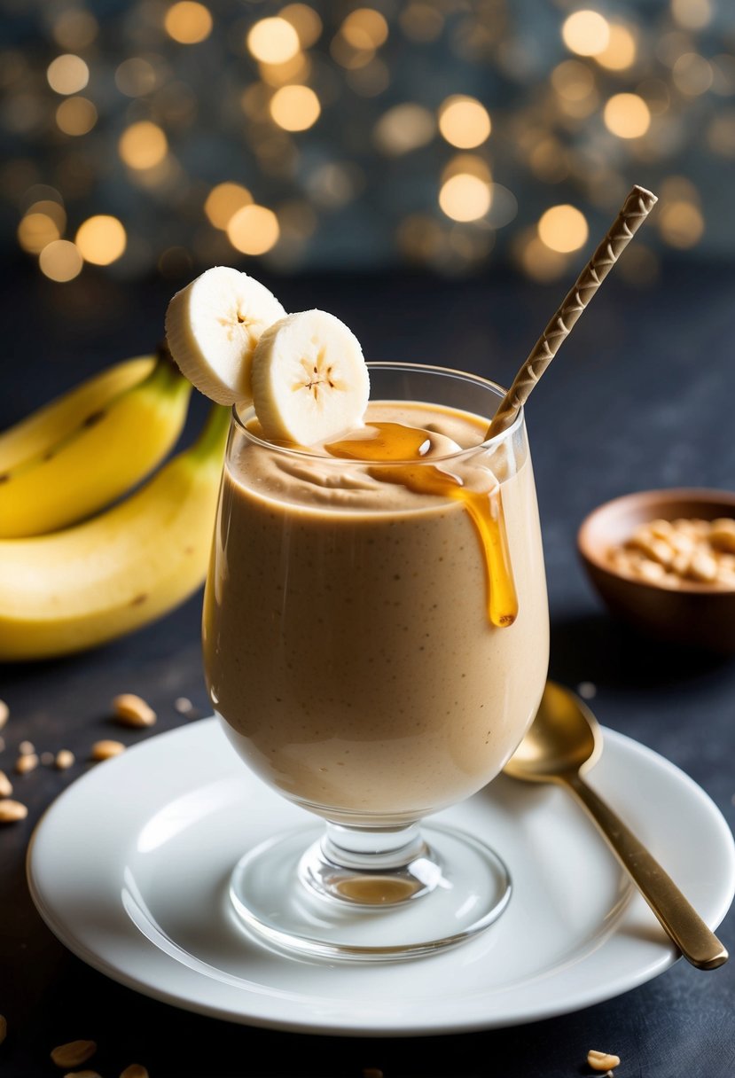 A glass filled with a creamy peanut butter banana smoothie, topped with a slice of banana and a drizzle of honey