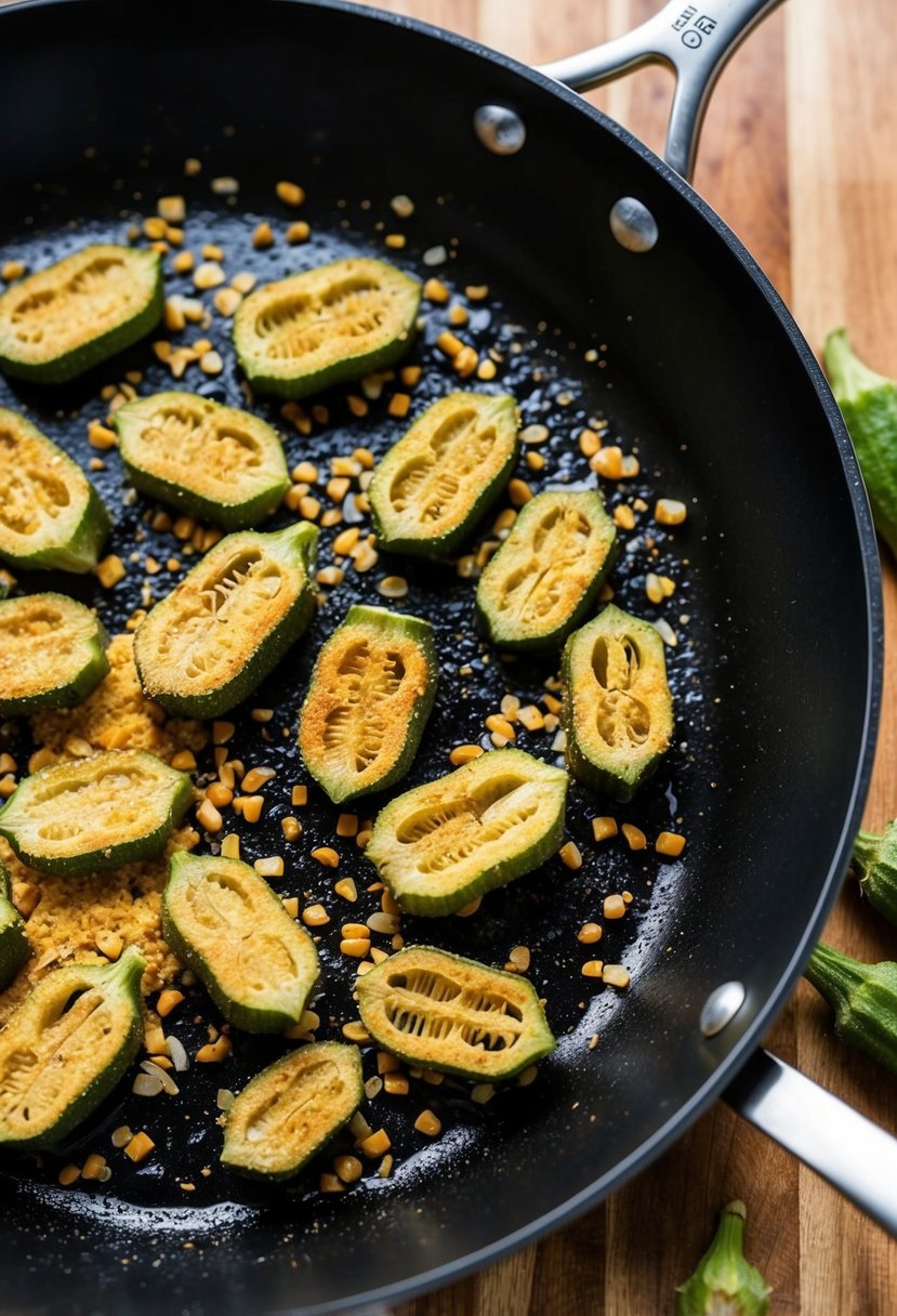 A sizzling skillet holds golden-brown, crispy okra slices, surrounded by a scattering of cornmeal and seasoning