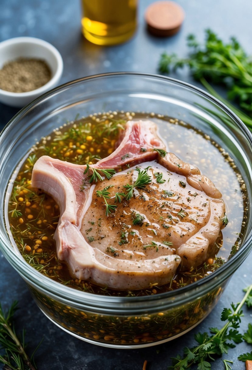 A pork chop submerged in a brine solution, surrounded by herbs and spices