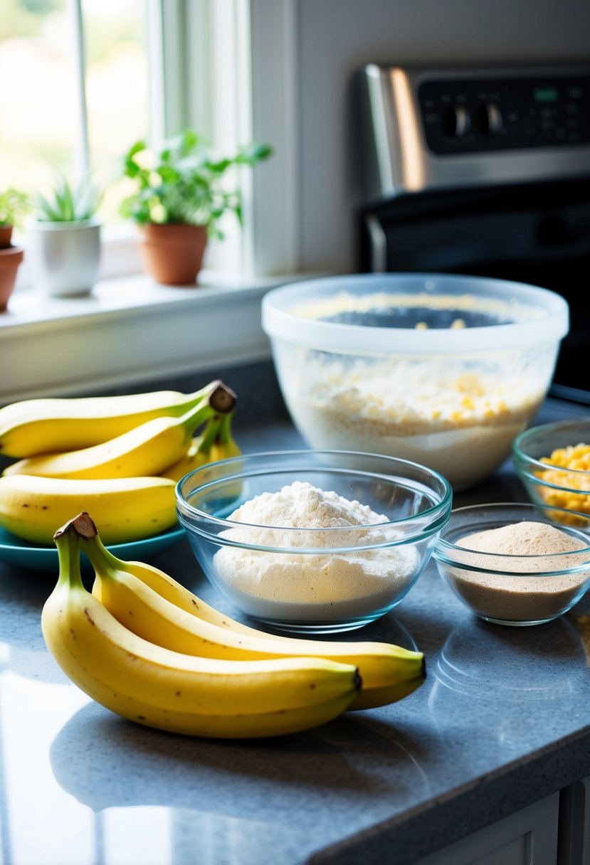 A kitchen counter with ripe bananas, mixing bowls, and baking ingredients for gluten-free banana bars