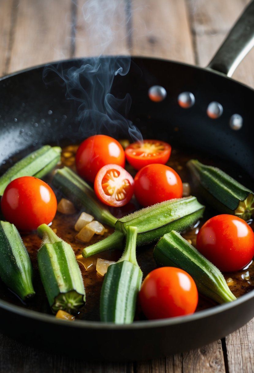 Fresh okra and ripe tomatoes sizzling in a skillet, emitting a mouthwatering aroma as they sauté together over a medium heat