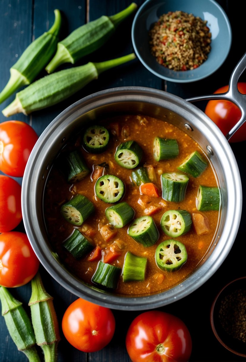 A simmering pot of okra gumbo surrounded by fresh okra, tomatoes, and spices