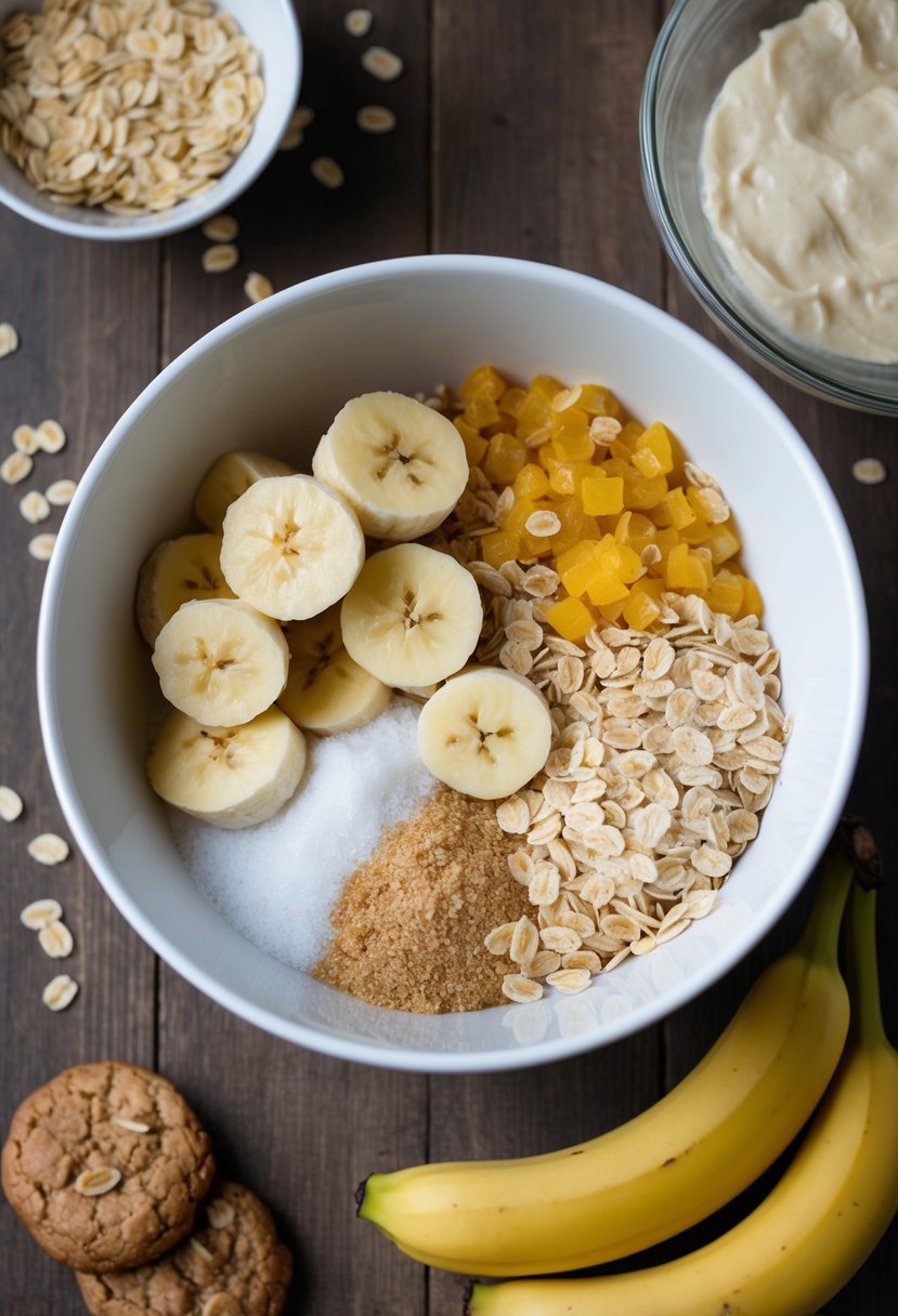 A mixing bowl filled with ripe bananas, oats, and cookie ingredients