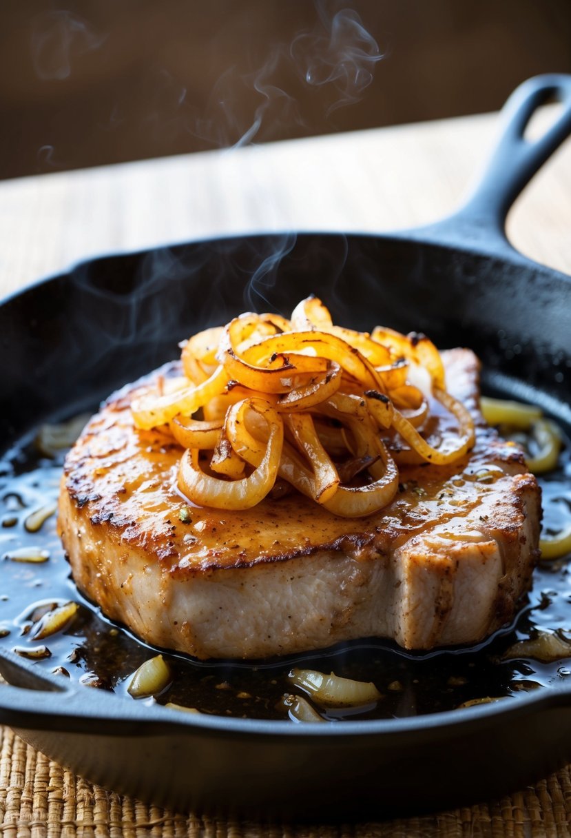 A sizzling inch-thick pork chop topped with caramelized onions in a cast iron skillet