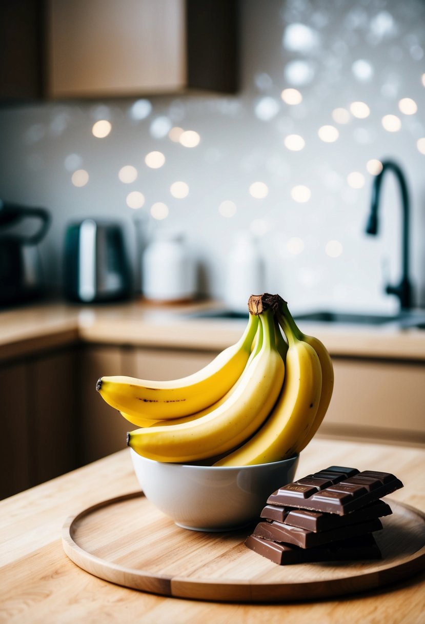 A bowl of ripe bananas and a stack of chocolate bars on a kitchen counter