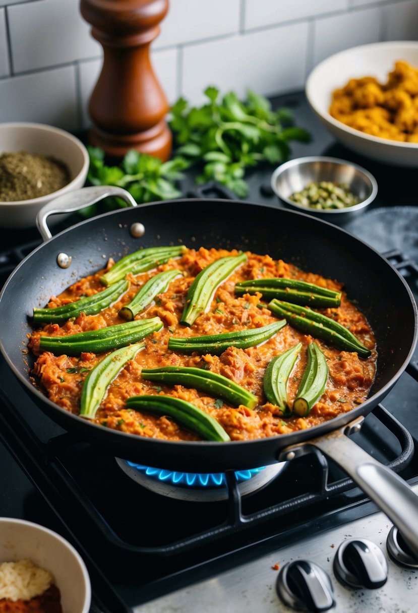 A sizzling pan of okra bhaji cooking on a stove, surrounded by spices and herbs