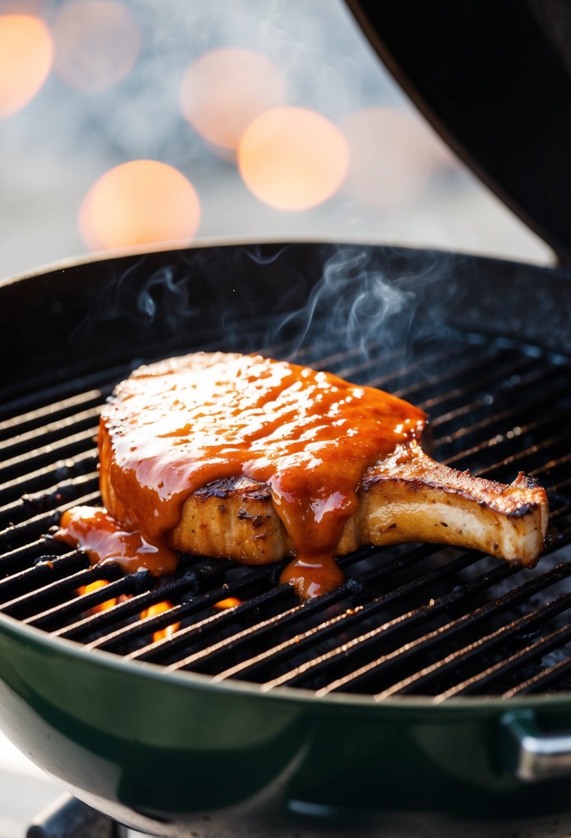 A sizzling pork chop on a hot grill, smothered in a thick, smoky BBQ sauce