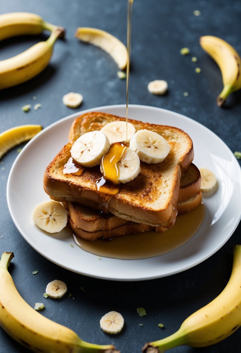 A plate of golden-brown French toast topped with sliced bananas and drizzled with syrup, surrounded by scattered banana peels