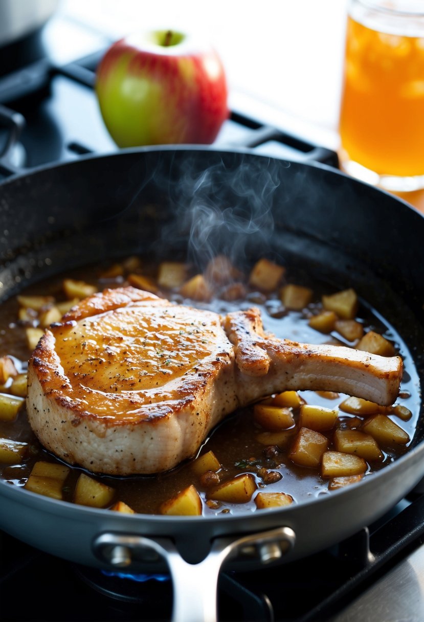 A sizzling pork chop cooks in a hot skillet while a sweet apple cider reduction simmers on the stove