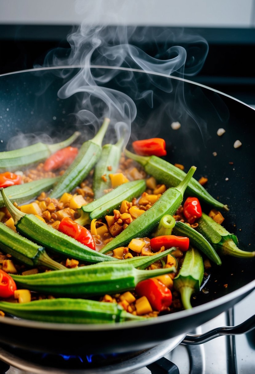 Fresh okra and chilies sizzling in a wok, steam rising. Vibrant colors and swirling motion