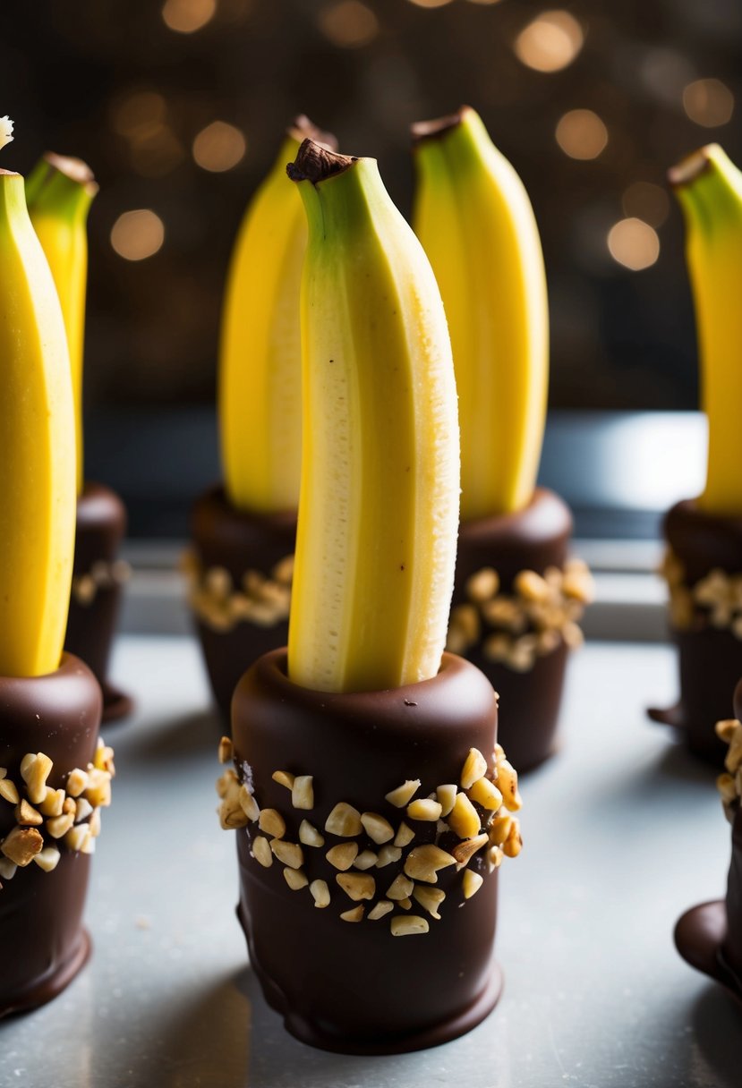 Fresh bananas on a stick, dipped in chocolate and nuts, then frozen on a tray