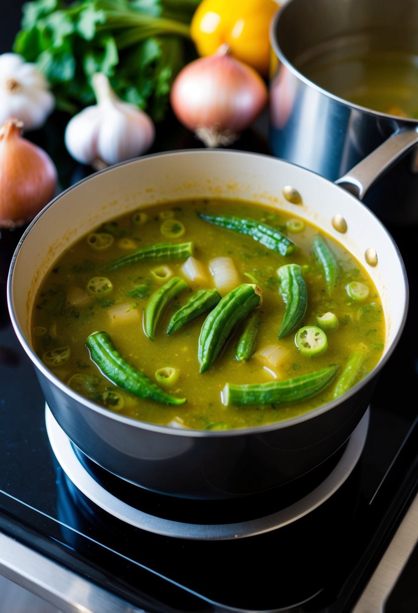 A pot of okra soup simmering on a stove, with garlic, onions, and other ingredients arranged nearby