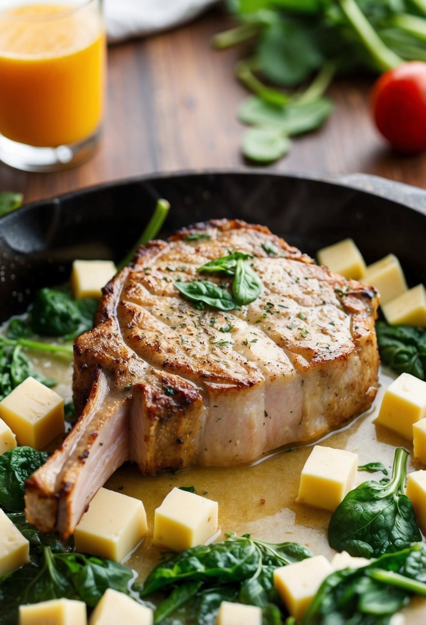 A thick pork chop surrounded by spinach and cheese, ready to be cooked