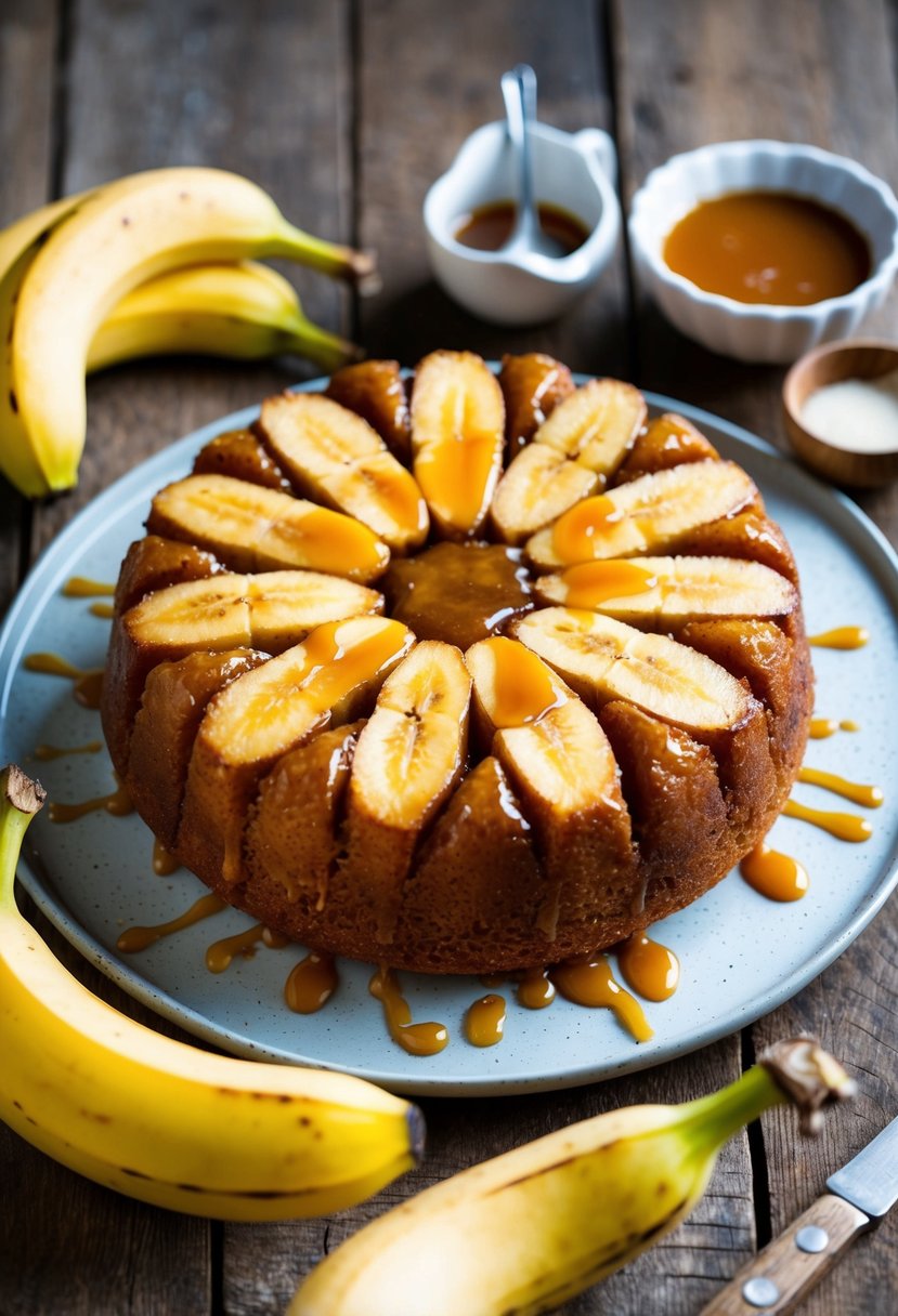 A golden caramelized banana upside-down cake sits on a rustic wooden table, surrounded by fresh bananas and a drizzle of caramel sauce