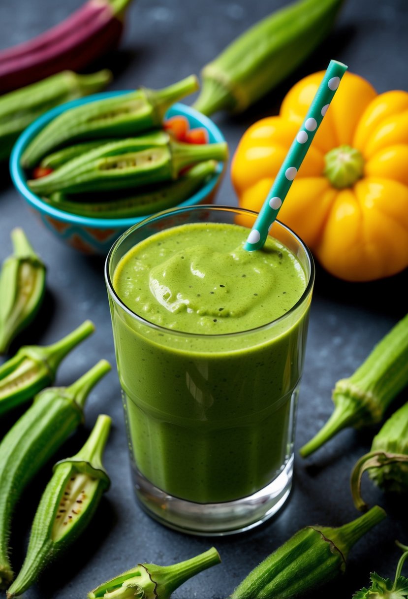 A glass filled with vibrant green okra smoothie surrounded by fresh okra pods and other colorful fruits and vegetables