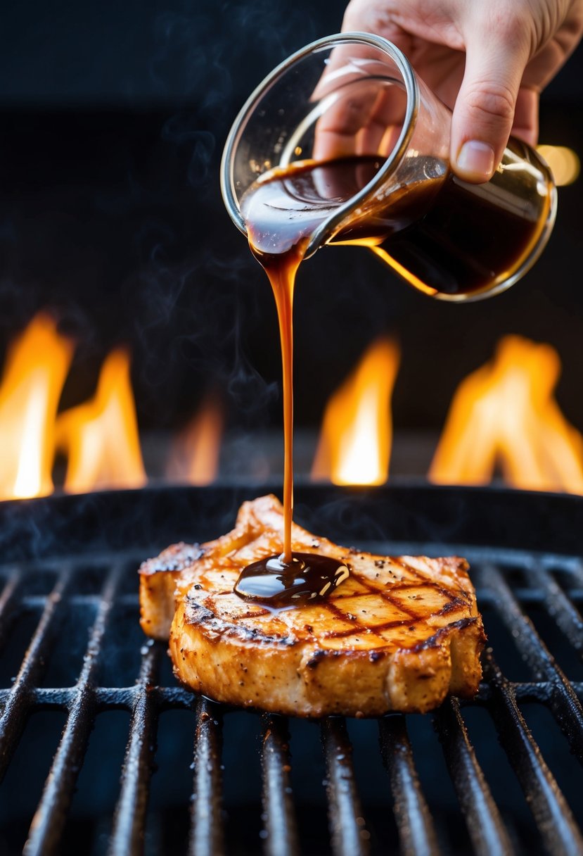 A sizzling pork chop on a hot grill, caramelizing as a rich balsamic vinegar drizzle is poured over it