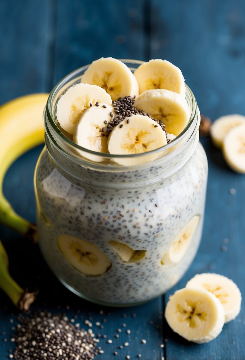 A glass jar filled with banana chia seed pudding topped with sliced bananas and a sprinkle of chia seeds