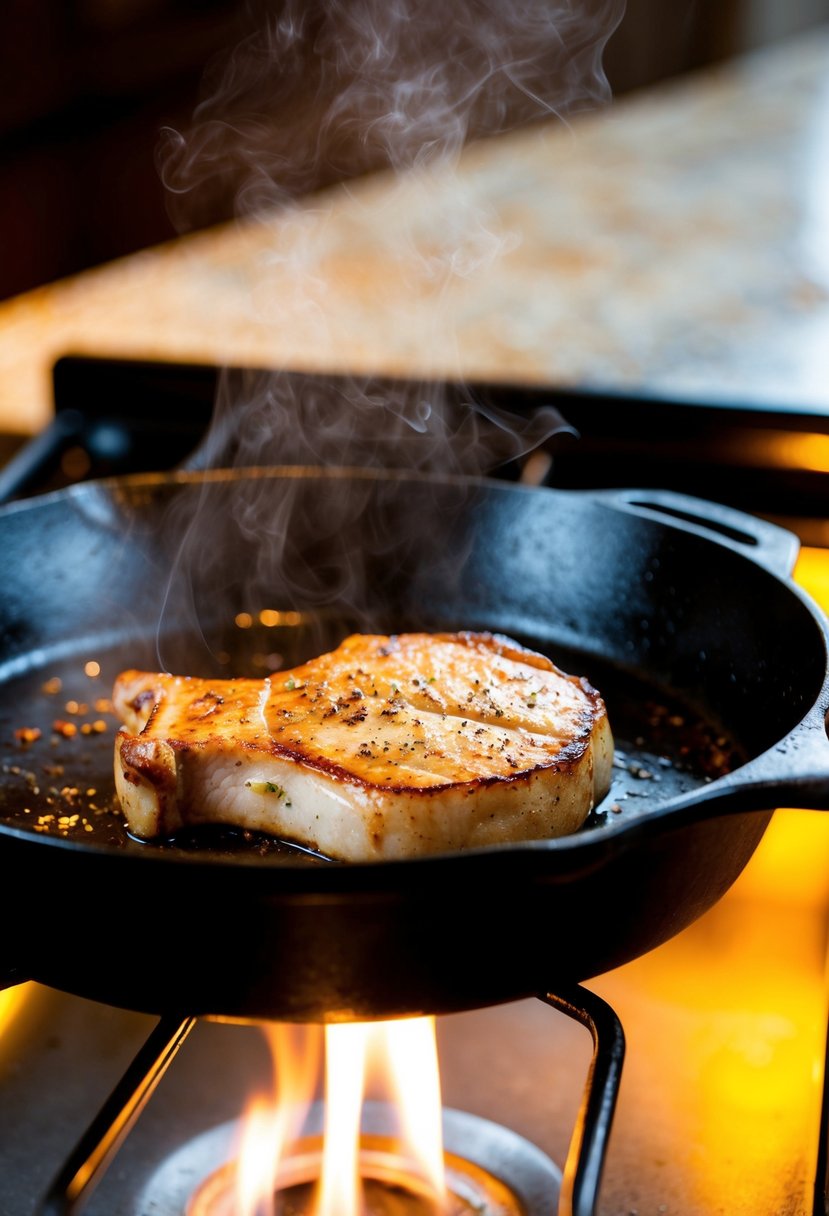 A sizzling pork chop cooks in a cast-iron skillet over a stovetop flame